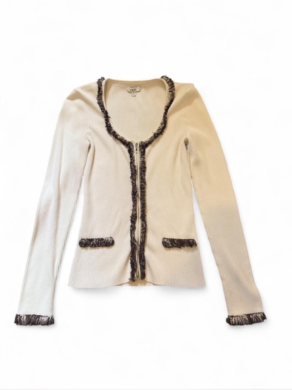 Vintage Cache zip up sweater with a brown and gold fringe trip